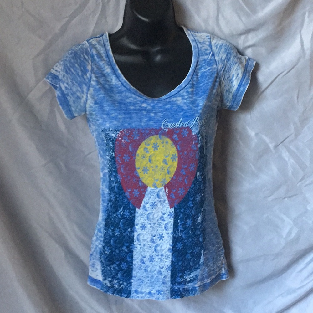 Distressed blue graphic t-shirt with paisley print